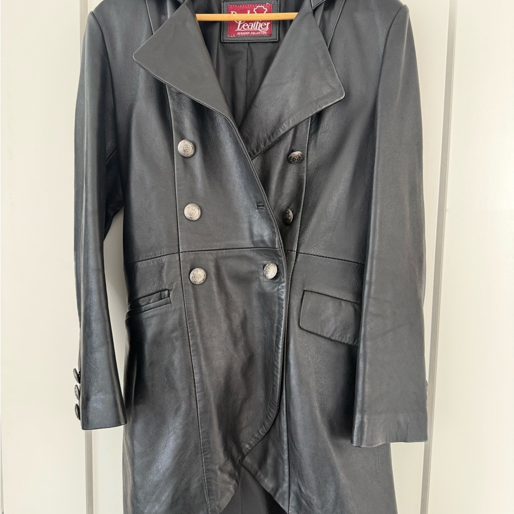 Double-Breasted Genuine Black Leather Lace-Up Back Coat Size